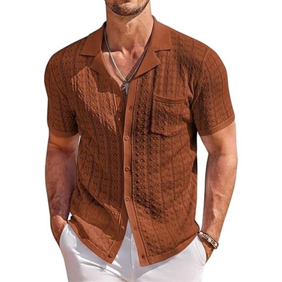 Men's Knit Button Down Shirt Short Sleeve Vintage Polo Shirts Summer - Picture 7 of 7
